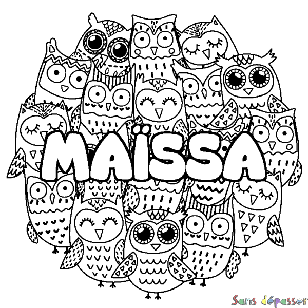 Coloriage pr&eacute;nom MA&Iuml;SSA - d&eacute;cor Chouettes