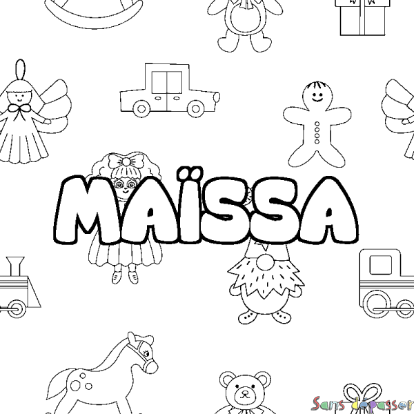 Coloriage pr&eacute;nom MA&Iuml;SSA - d&eacute;cor Jouets