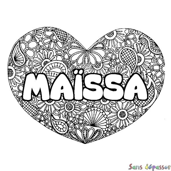 Coloriage pr&eacute;nom MA&Iuml;SSA - d&eacute;cor Mandala coeur