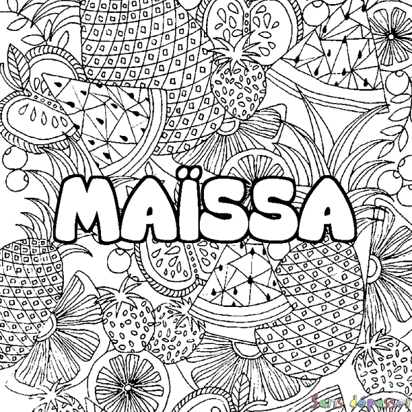Coloriage pr&eacute;nom MA&Iuml;SSA - d&eacute;cor Mandala fruits