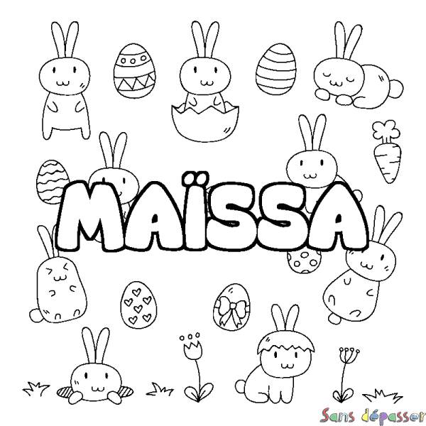 Coloriage pr&eacute;nom MA&Iuml;SSA - d&eacute;cor Paques