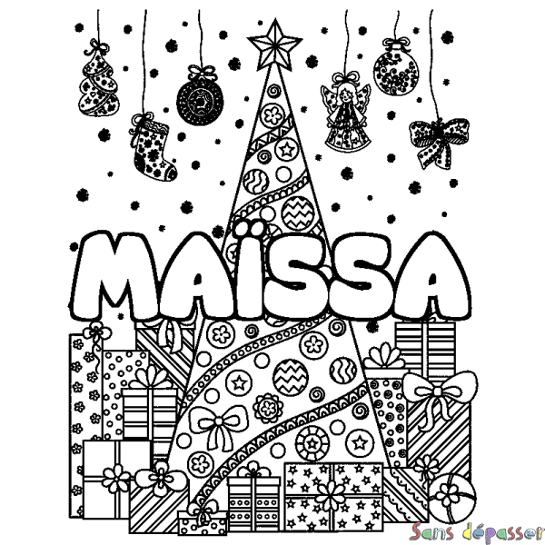 Coloriage pr&eacute;nom MA&Iuml;SSA - d&eacute;cor Sapin et Cadeaux