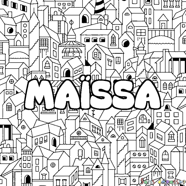 Coloriage pr&eacute;nom MA&Iuml;SSA - d&eacute;cor Ville