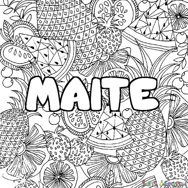 Coloriage pr&eacute;nom MAITE - d&eacute;cor Mandala fruits
