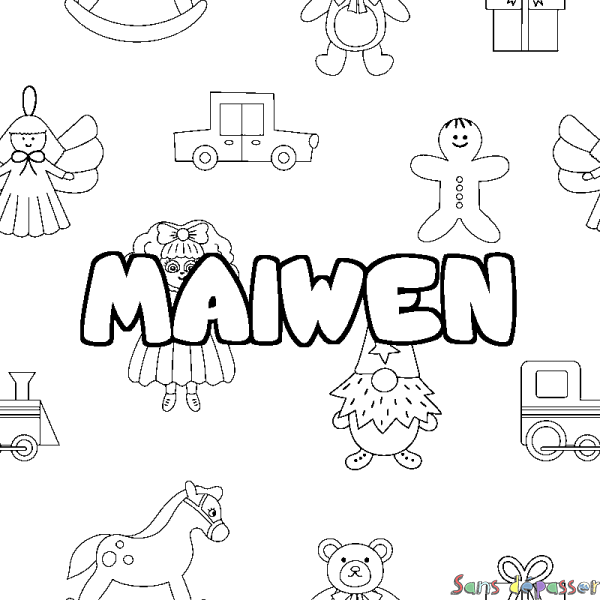 Coloriage pr&eacute;nom MAIWEN - d&eacute;cor Jouets