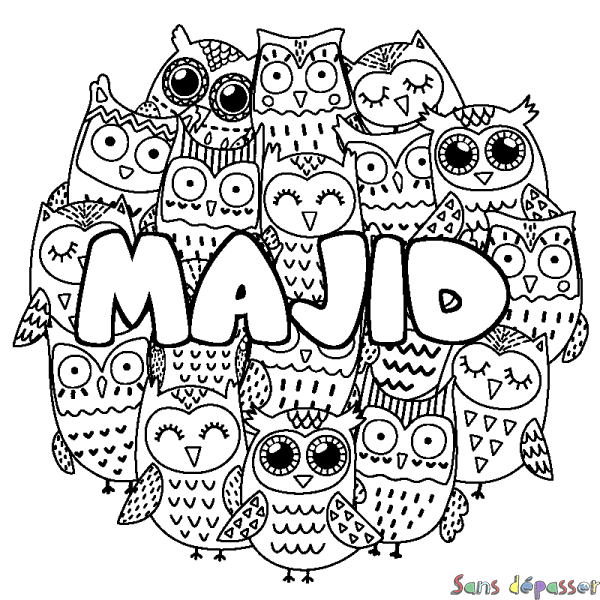 Coloriage pr&eacute;nom MAJID - d&eacute;cor Chouettes