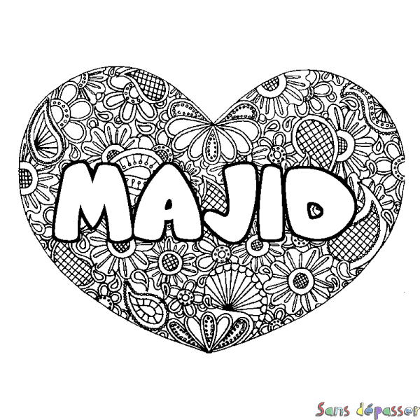 Coloriage prénom MAJID - d&eacute;cor Mandala coeur