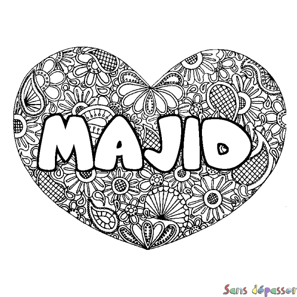 Coloriage pr&eacute;nom MAJID - d&eacute;cor Mandala coeur