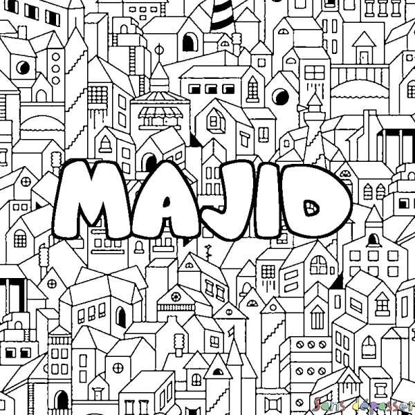 Coloriage pr&eacute;nom MAJID - d&eacute;cor Ville