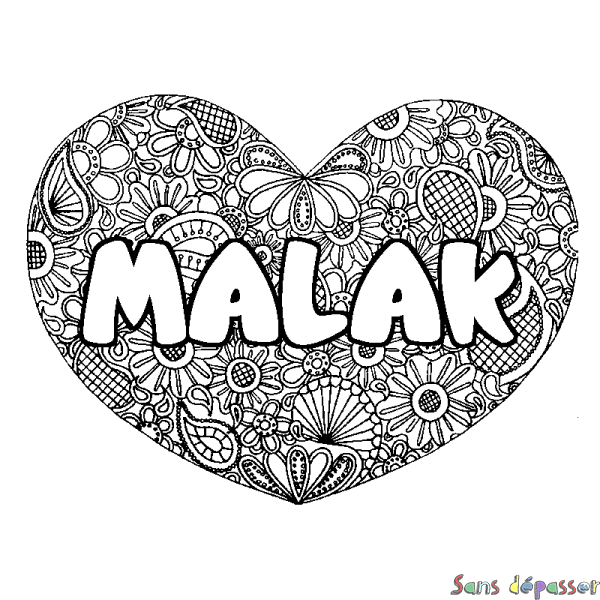 Coloriage prénom MALAK - d&eacute;cor Mandala coeur