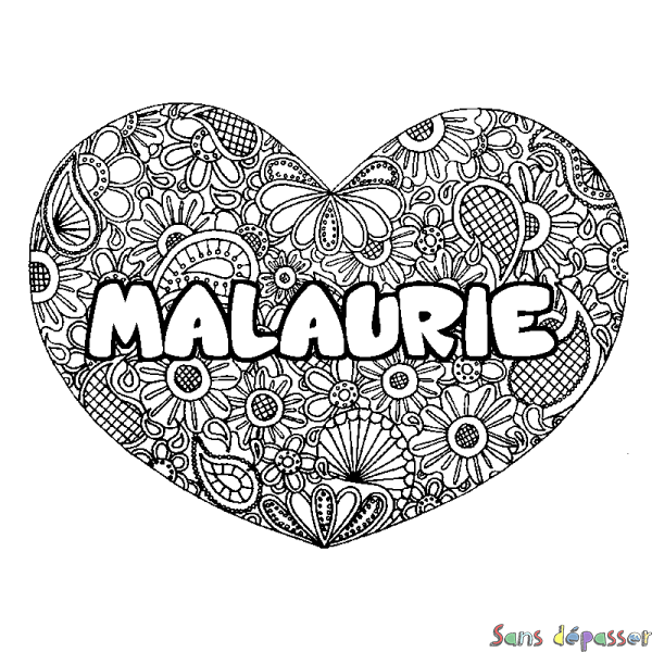 Coloriage prénom MALAURIE - d&eacute;cor Mandala coeur