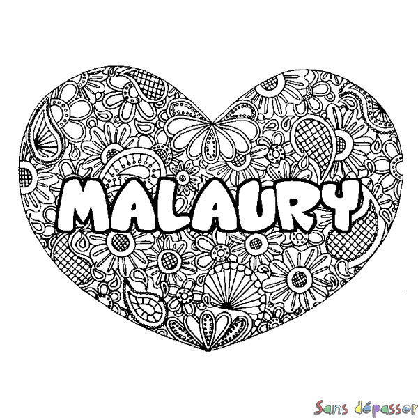 Coloriage prénom MALAURY - d&eacute;cor Mandala coeur