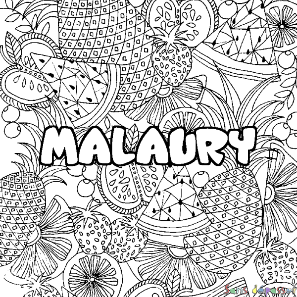 Coloriage pr&eacute;nom MALAURY - d&eacute;cor Mandala fruits