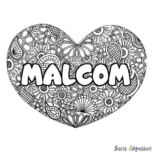 Coloriage prénom MALCOM - d&eacute;cor Mandala coeur