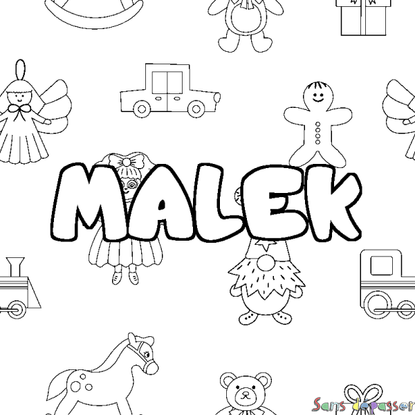 Coloriage pr&eacute;nom MALEK - d&eacute;cor Jouets