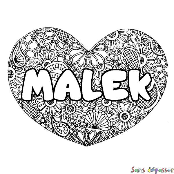 Coloriage pr&eacute;nom MALEK - d&eacute;cor Mandala coeur