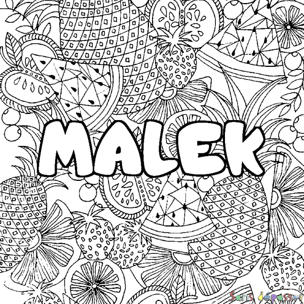 Coloriage pr&eacute;nom MALEK - d&eacute;cor Mandala fruits