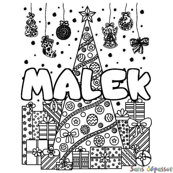 Coloriage prénom MALEK - d&eacute;cor Sapin et Cadeaux