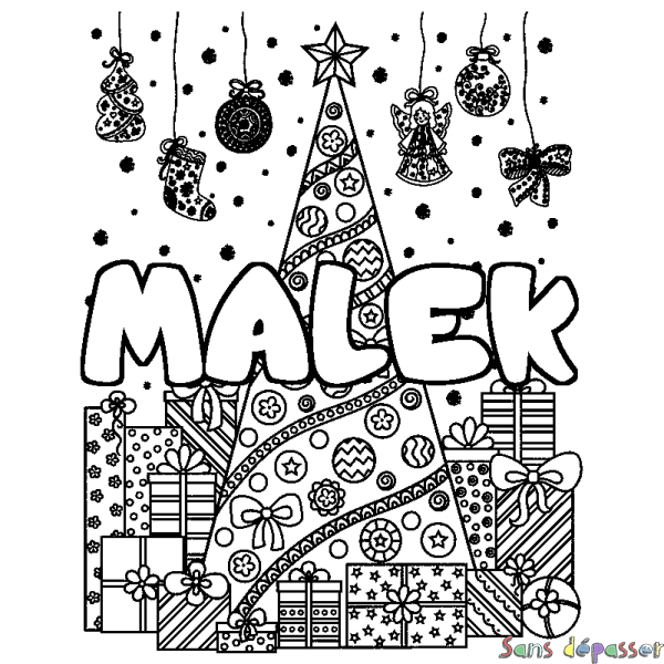 Coloriage pr&eacute;nom MALEK - d&eacute;cor Sapin et Cadeaux
