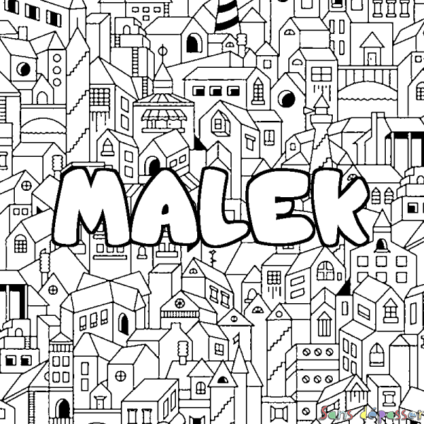 Coloriage pr&eacute;nom MALEK - d&eacute;cor Ville