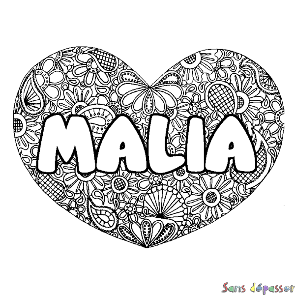 Coloriage prénom MALIA - d&eacute;cor Mandala coeur