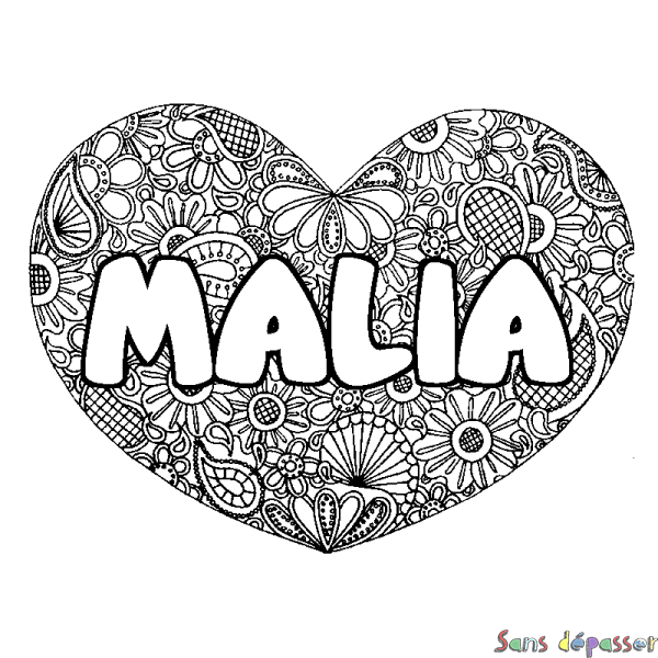 Coloriage pr&eacute;nom MALIA - d&eacute;cor Mandala coeur