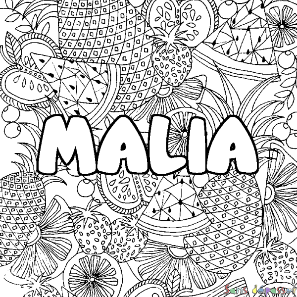 Coloriage prénom MALIA - d&eacute;cor Mandala fruits