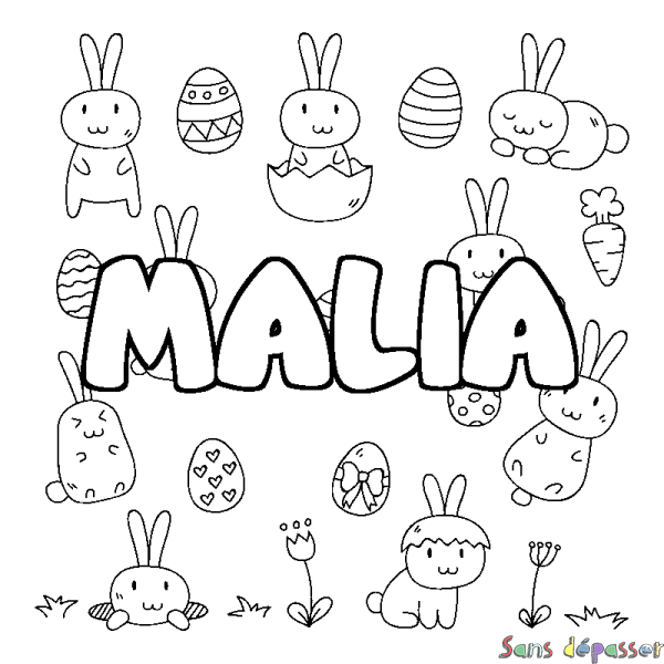 Coloriage pr&eacute;nom MALIA - d&eacute;cor Paques