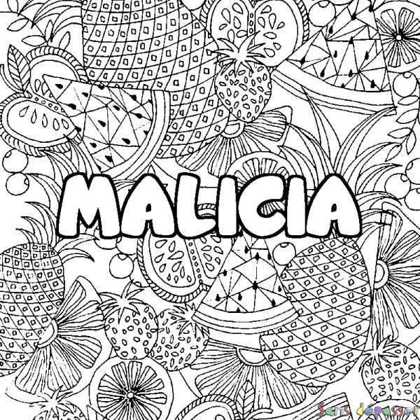 Coloriage prénom MALICIA - d&eacute;cor Mandala fruits