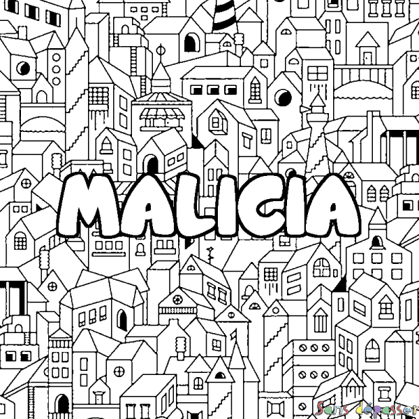 Coloriage prénom MALICIA - d&eacute;cor Ville