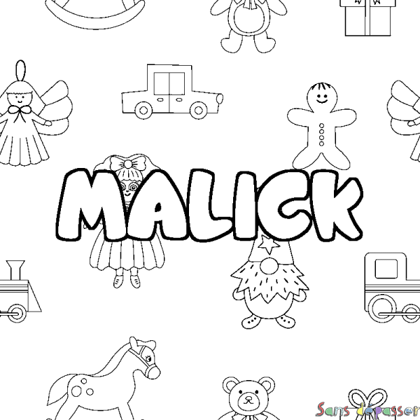 Coloriage pr&eacute;nom MALICK - d&eacute;cor Jouets