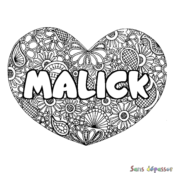 Coloriage prénom MALICK - d&eacute;cor Mandala coeur