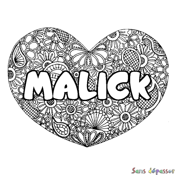Coloriage pr&eacute;nom MALICK - d&eacute;cor Mandala coeur