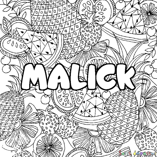 Coloriage pr&eacute;nom MALICK - d&eacute;cor Mandala fruits
