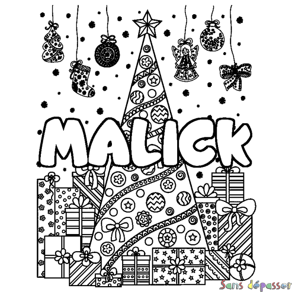 Coloriage prénom MALICK - d&eacute;cor Sapin et Cadeaux