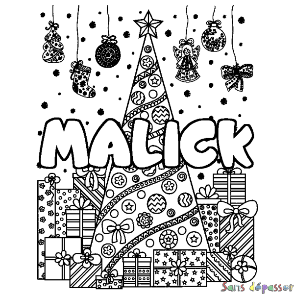Coloriage pr&eacute;nom MALICK - d&eacute;cor Sapin et Cadeaux