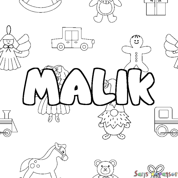 Coloriage pr&eacute;nom MALIK - d&eacute;cor Jouets