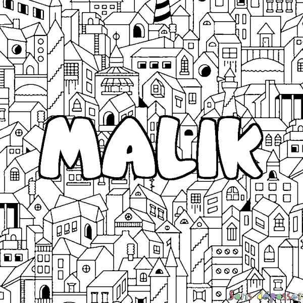 Coloriage pr&eacute;nom MALIK - d&eacute;cor Ville