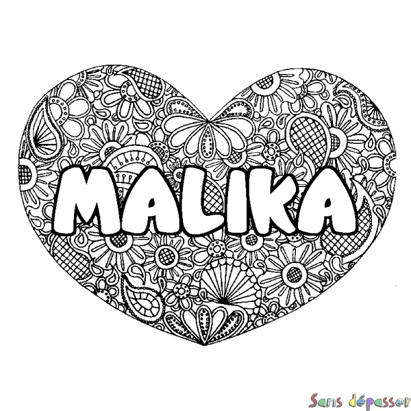 Coloriage prénom MALIKA - d&eacute;cor Mandala coeur
