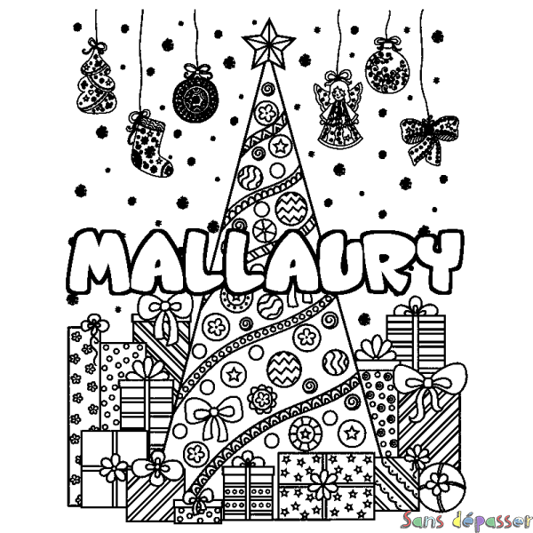 Coloriage prénom MALLAURY - d&eacute;cor Sapin et Cadeaux
