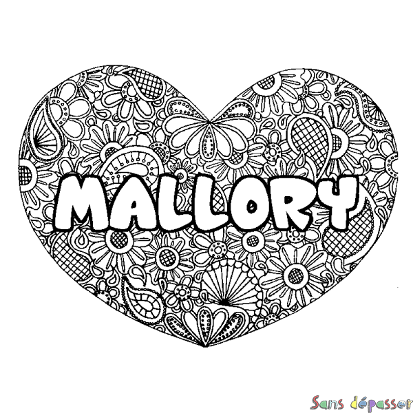 Coloriage pr&eacute;nom MALLORY - d&eacute;cor Mandala coeur