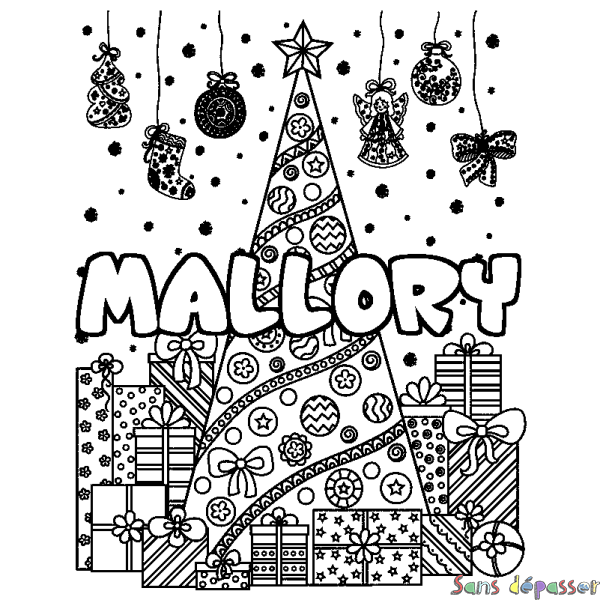 Coloriage pr&eacute;nom MALLORY - d&eacute;cor Sapin et Cadeaux