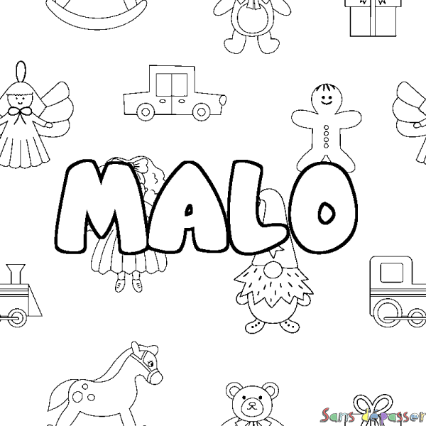 Coloriage pr&eacute;nom MALO - d&eacute;cor Jouets