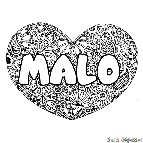 Coloriage prénom MALO - d&eacute;cor Mandala coeur