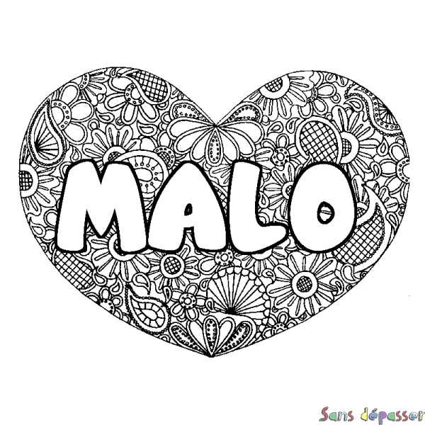 Coloriage pr&eacute;nom MALO - d&eacute;cor Mandala coeur