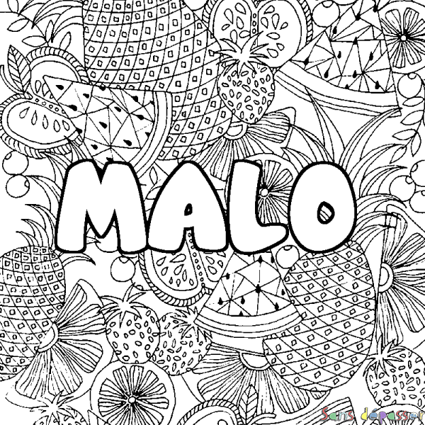 Coloriage pr&eacute;nom MALO - d&eacute;cor Mandala fruits