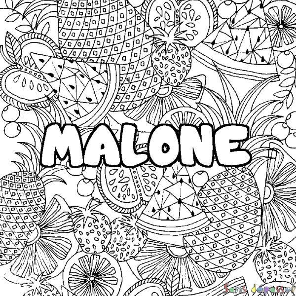 Coloriage prénom MALONE - d&eacute;cor Mandala fruits