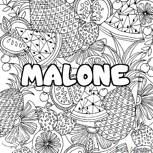 Coloriage pr&eacute;nom MALONE - d&eacute;cor Mandala fruits