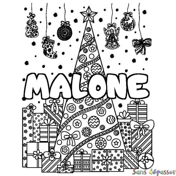 Coloriage prénom MALONE - d&eacute;cor Sapin et Cadeaux