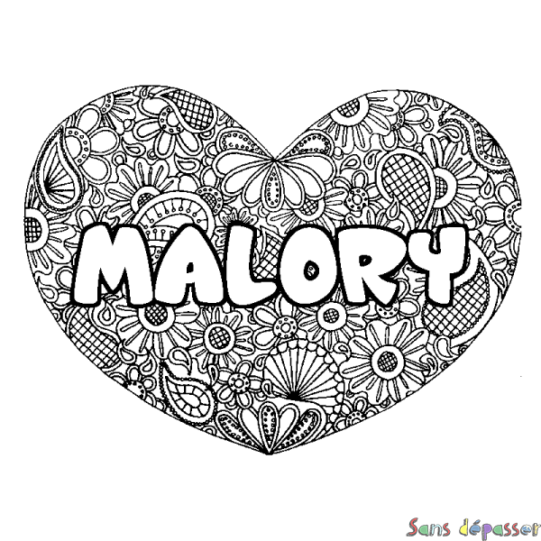 Coloriage pr&eacute;nom MALORY - d&eacute;cor Mandala coeur